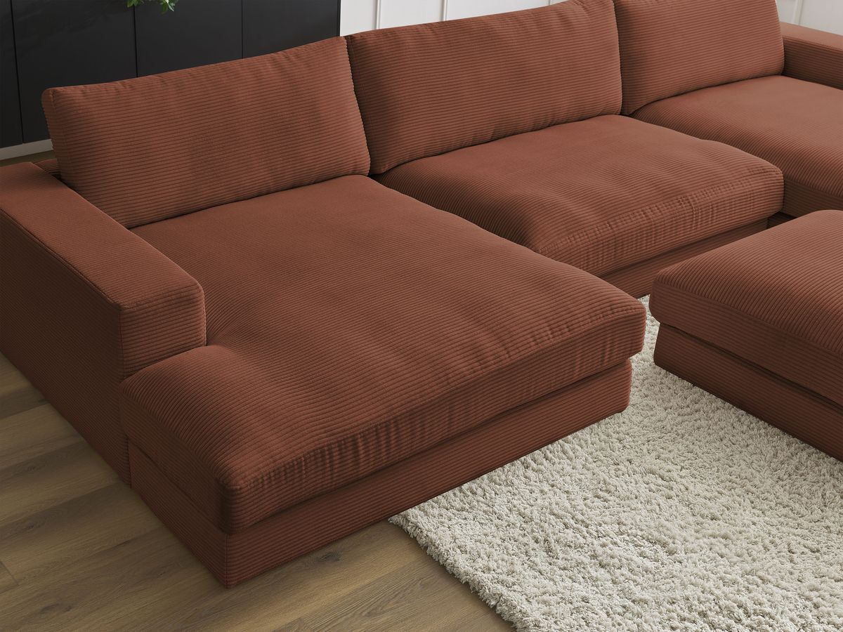 Canapé panoramique fixe compact LEONARD velours côtelé avec pouf