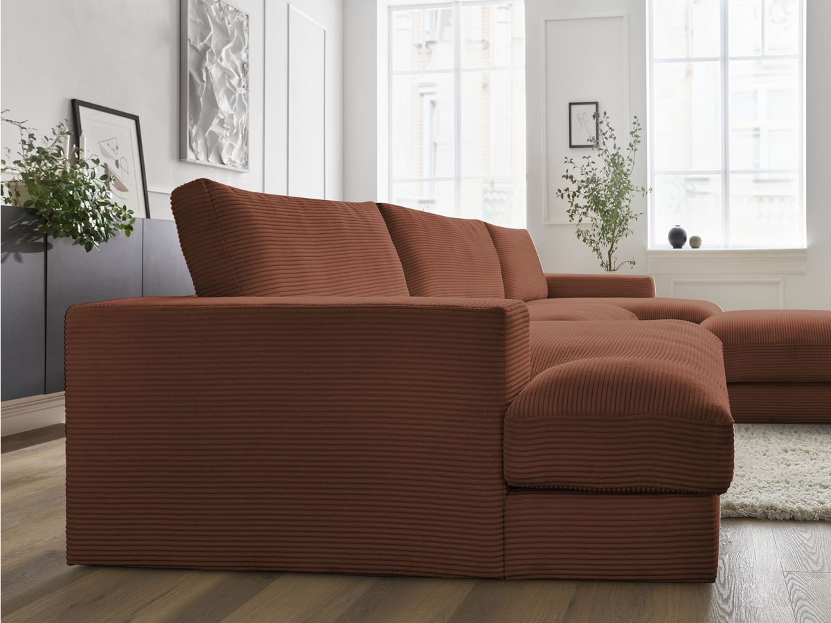 Canapé panoramique fixe compact LEONARD velours côtelé avec pouf
