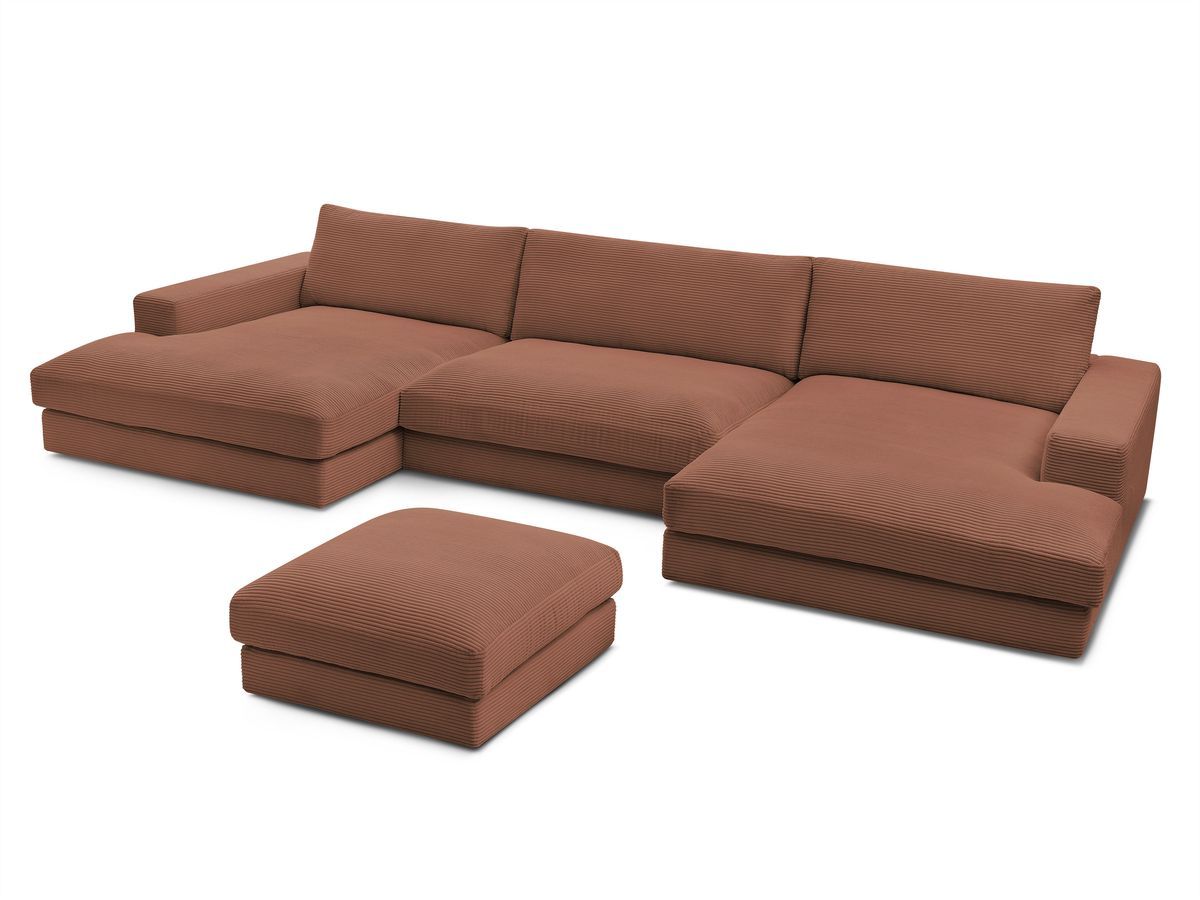 Canapé panoramique fixe compact LEONARD velours côtelé avec pouf