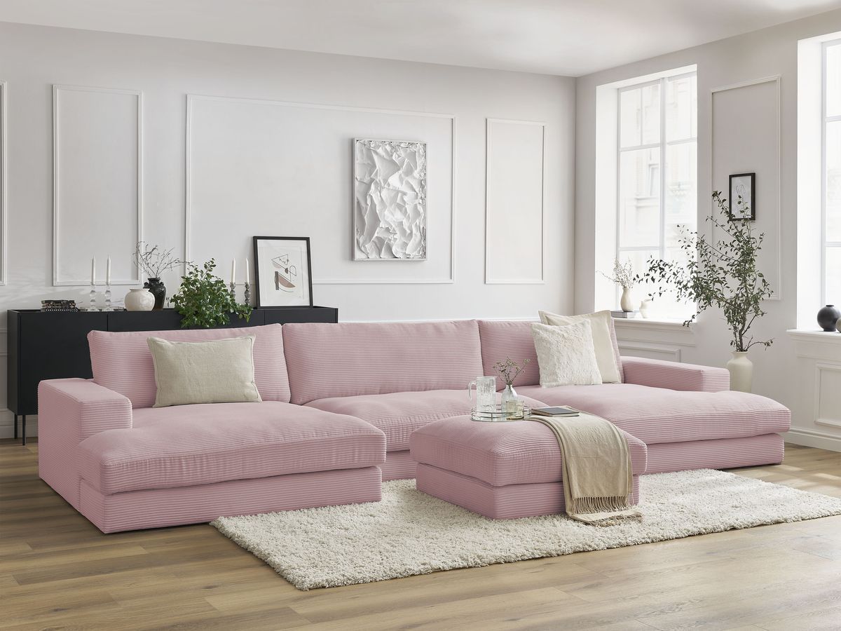 Canapé panoramique fixe compact LEONARD velours côtelé avec pouf