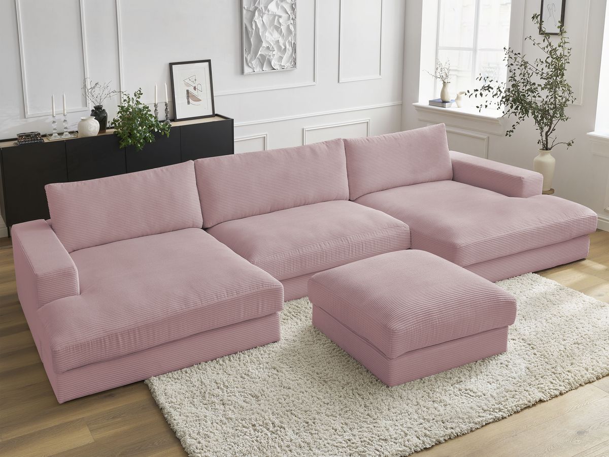Canapé panoramique fixe compact LEONARD velours côtelé avec pouf