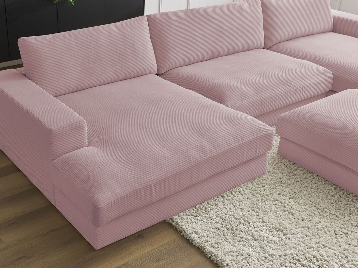 Canapé panoramique fixe compact LEONARD velours côtelé avec pouf