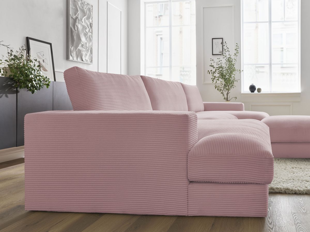 Canapé panoramique fixe compact LEONARD velours côtelé avec pouf