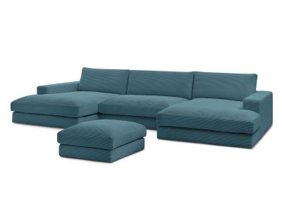 Canapé panoramique fixe compact LEONARD velours côtelé avec pouf