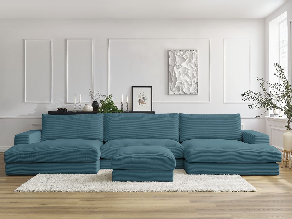 Canapé panoramique compact LEONARD velours côtelé avec pouf bleu clair — vue 4