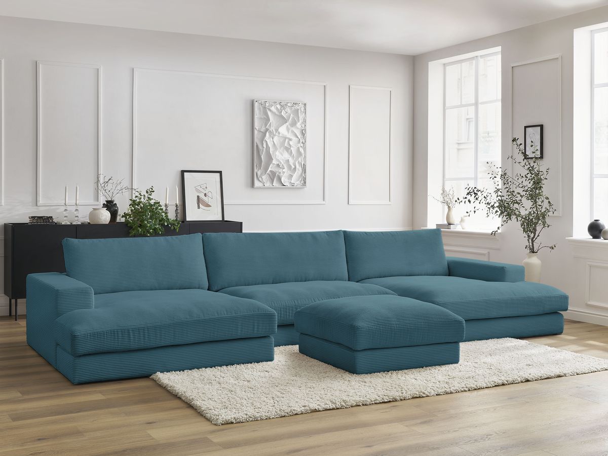 Canapé panoramique compact LEONARD velours côtelé avec pouf bleu clair — vue 5