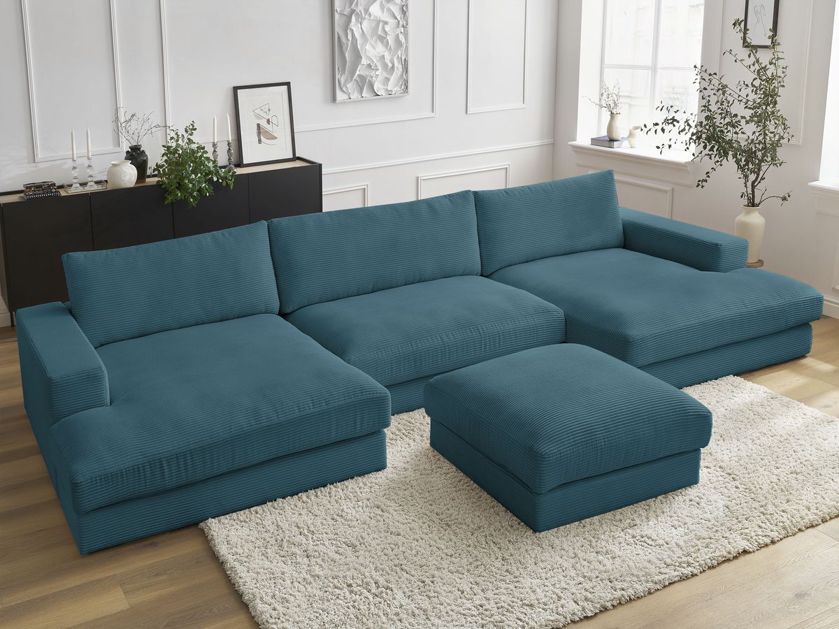 Canapé panoramique compact LEONARD velours côtelé avec pouf bleu clair — vue 6