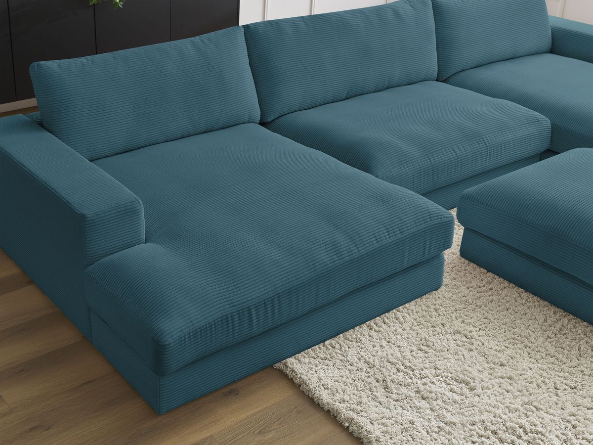 Canapé panoramique fixe compact LEONARD velours côtelé avec pouf
