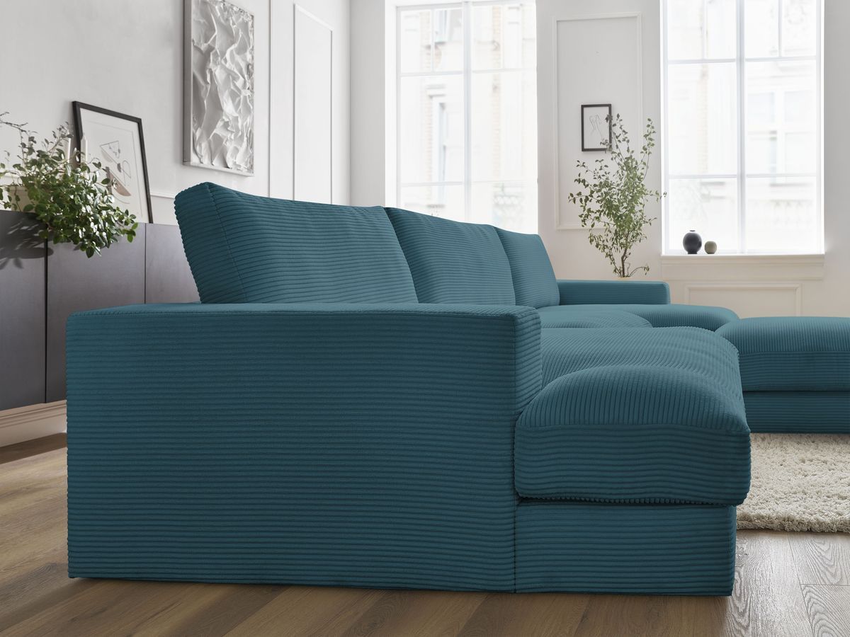Canapé panoramique fixe compact LEONARD velours côtelé avec pouf