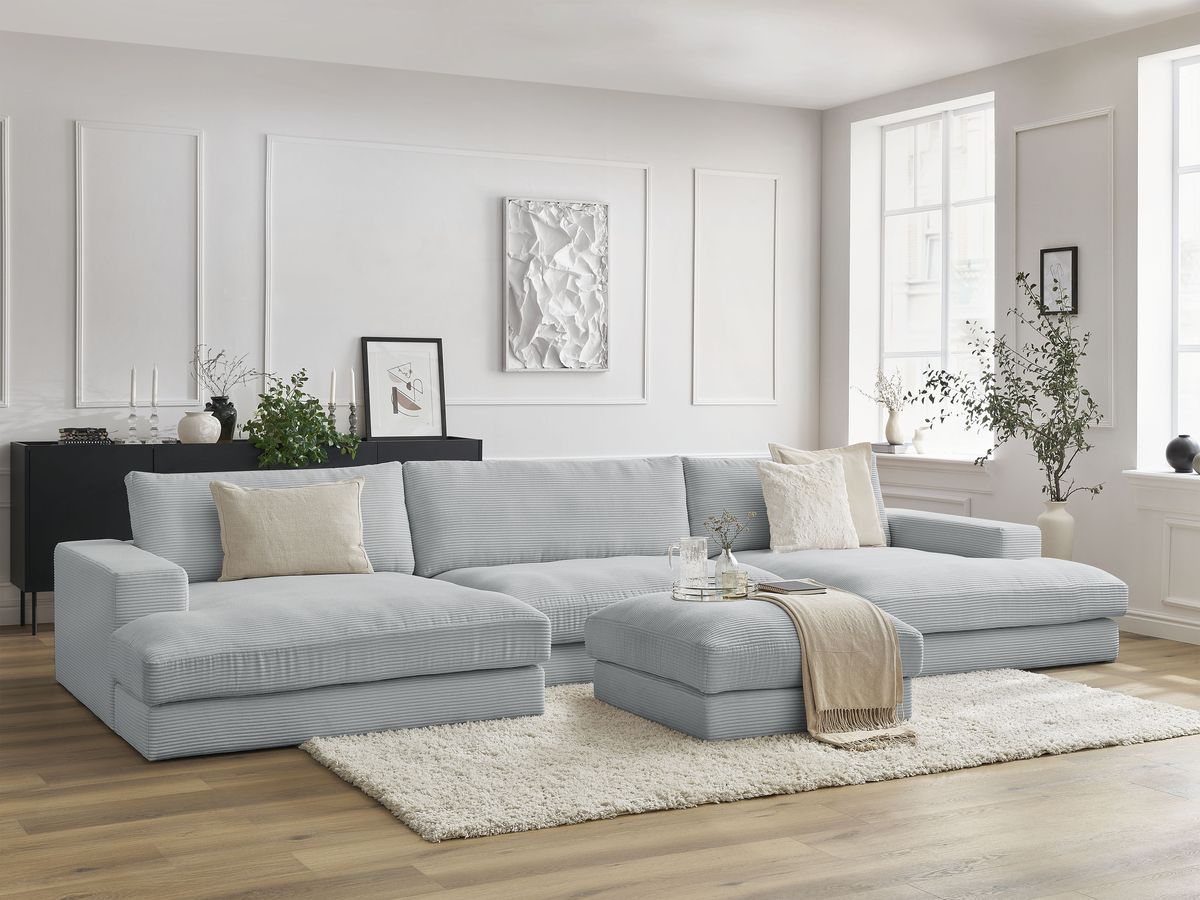 Canapé panoramique compact LEONARD velours côtelé avec pouf gris clair