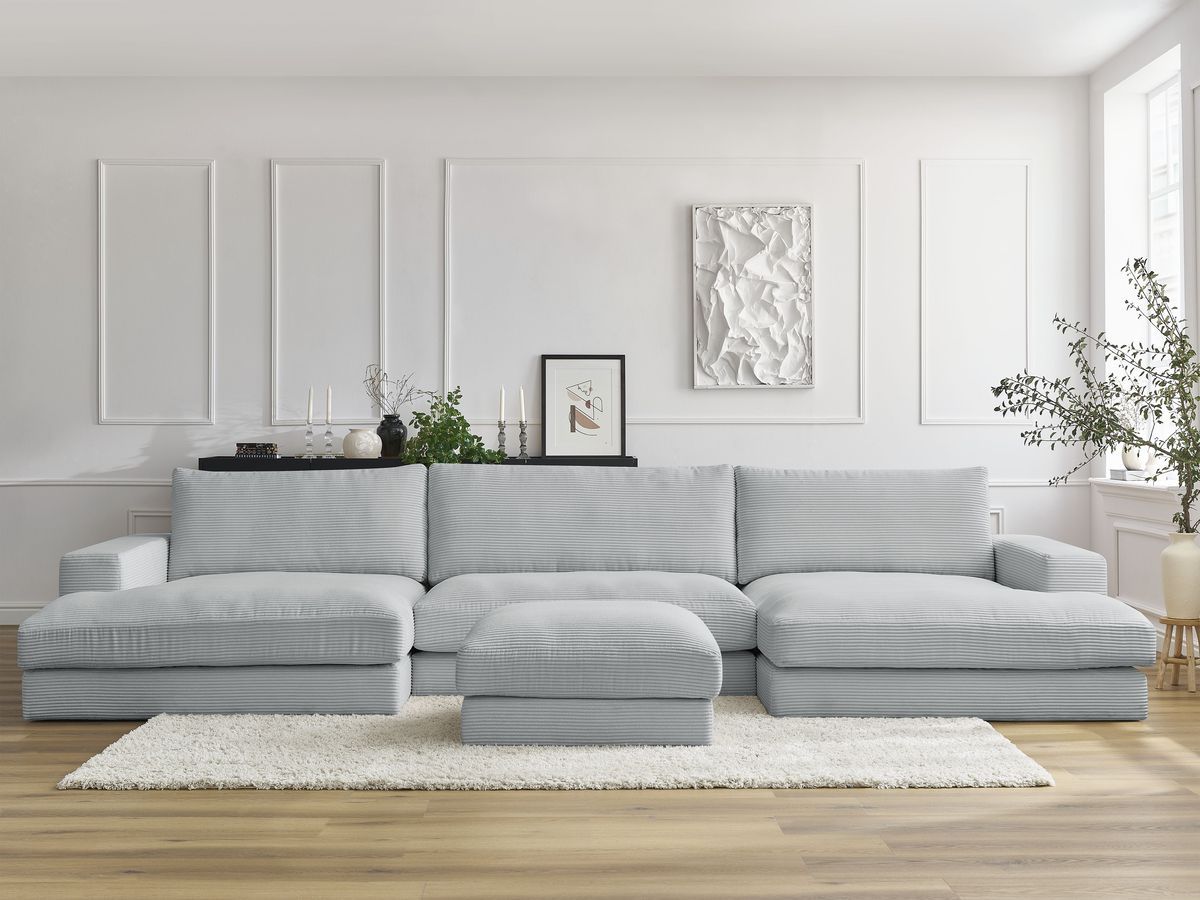Canapé panoramique compact LEONARD velours côtelé avec pouf gris clair — vue 4
