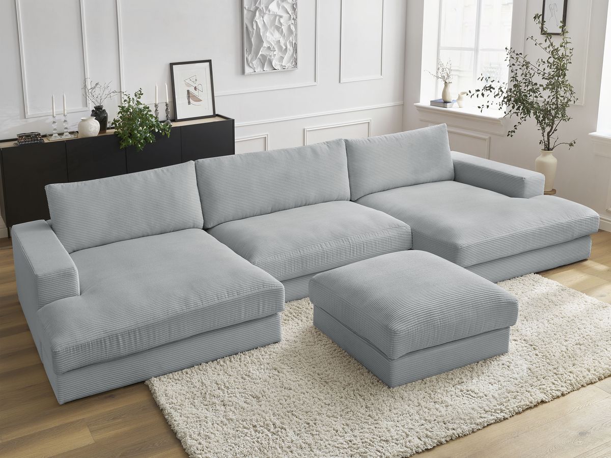 Canapé panoramique compact LEONARD velours côtelé avec pouf gris clair — vue 6