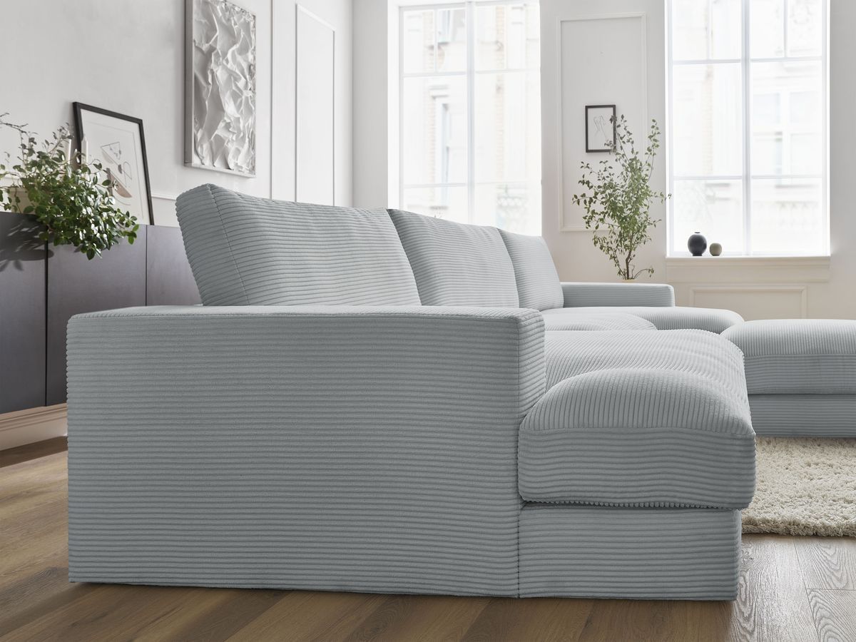 Canapé panoramique fixe compact LEONARD velours côtelé avec pouf