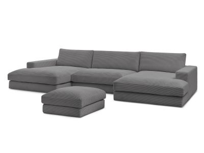 Canapé panoramique fixe compact LEONARD velours côtelé avec pouf