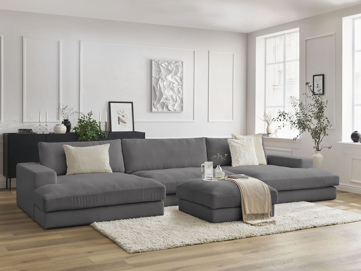 Canapé panoramique fixe compact LEONARD velours côtelé avec pouf