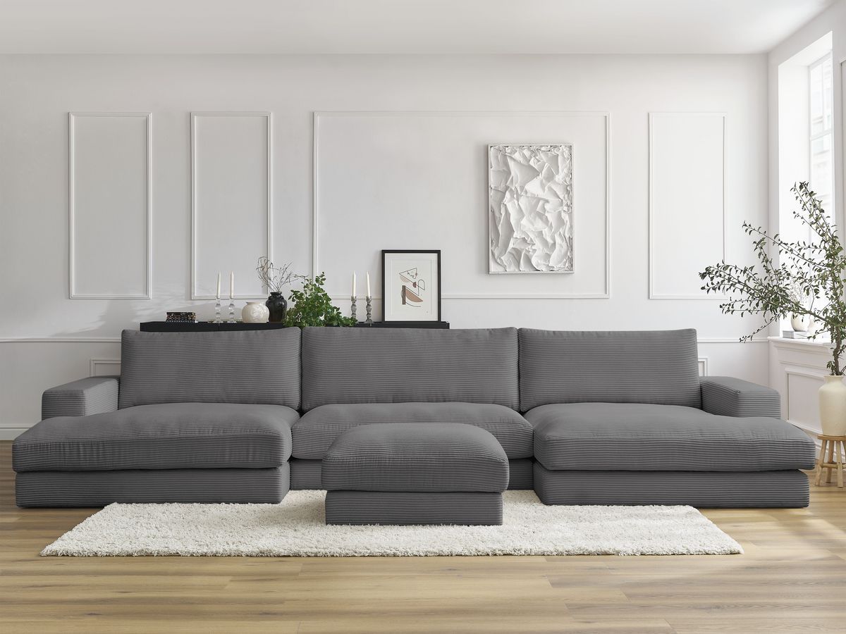 Canapé panoramique compact LEONARD velours côtelé avec pouf gris foncé — vue 4