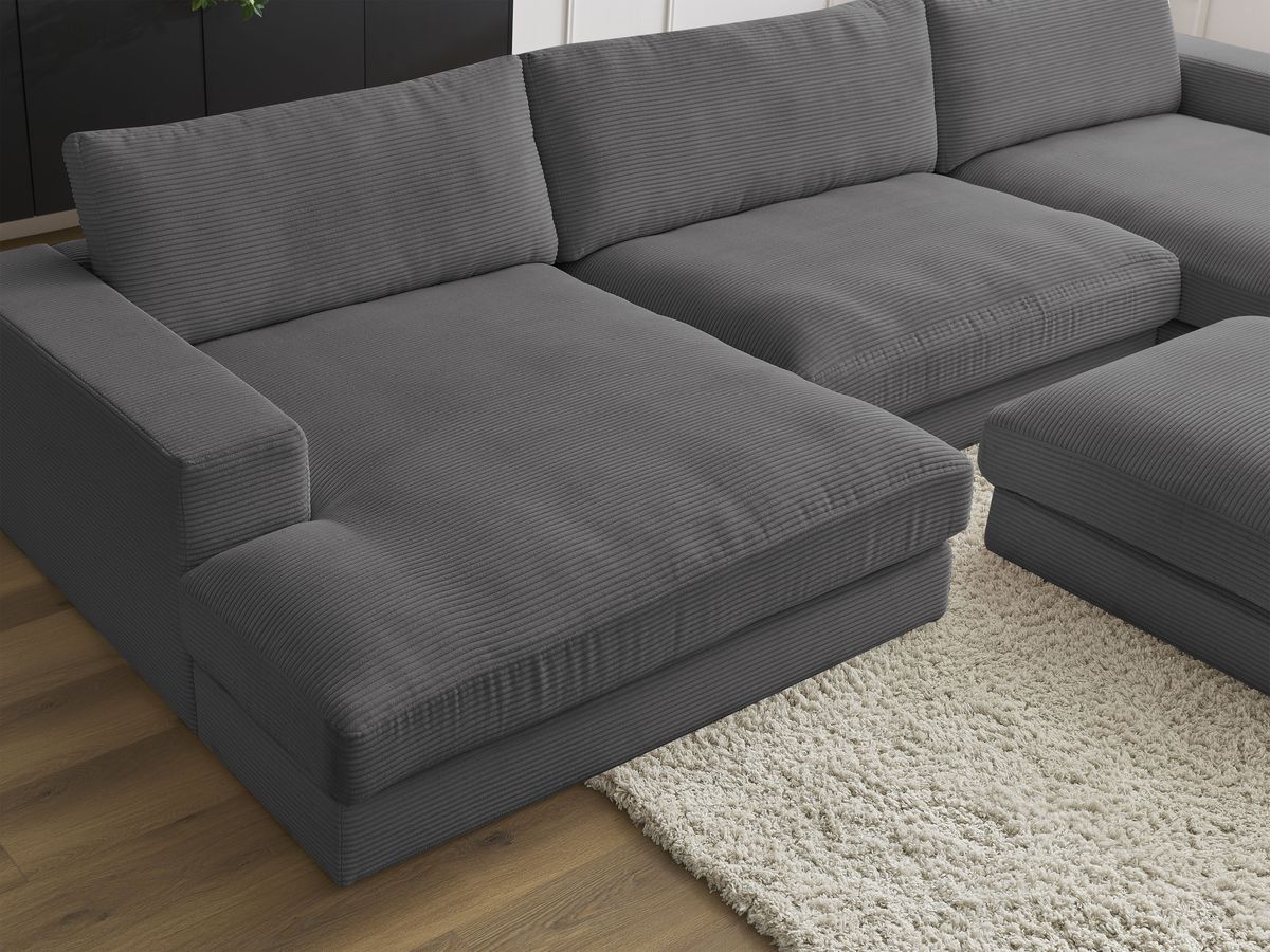 Canapé panoramique fixe compact LEONARD velours côtelé avec pouf