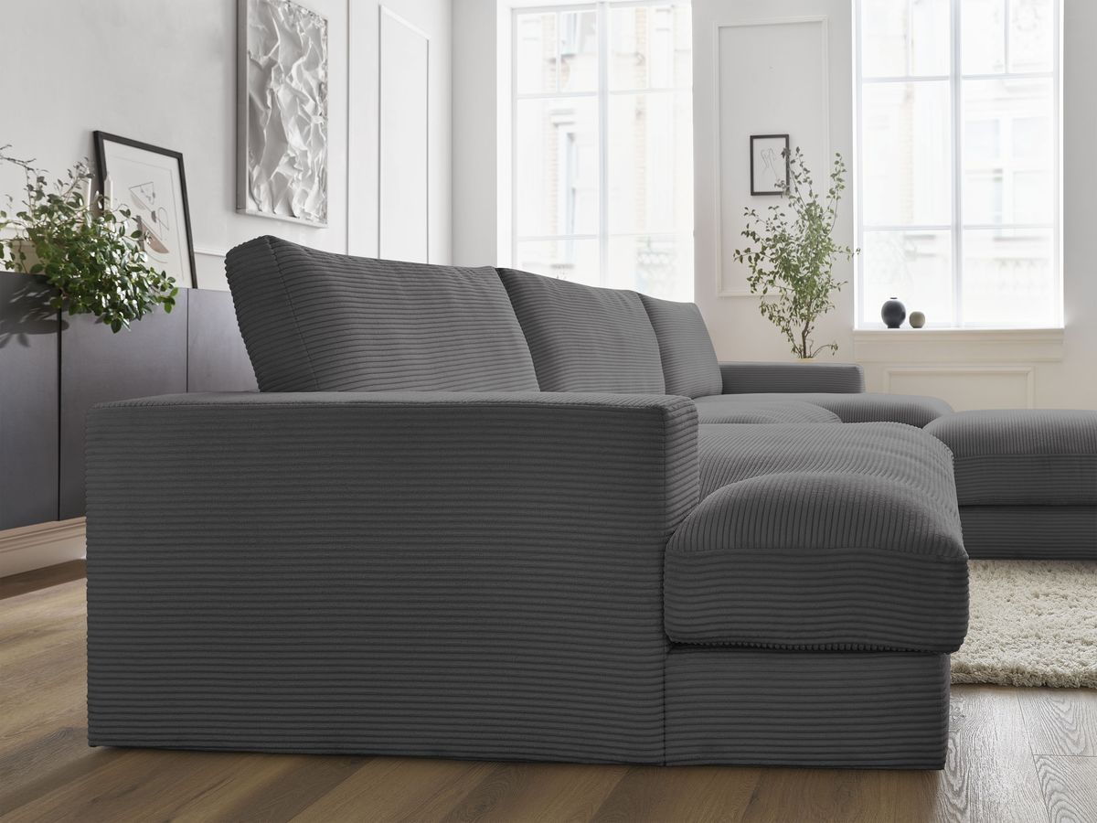 Canapé panoramique fixe compact LEONARD velours côtelé avec pouf