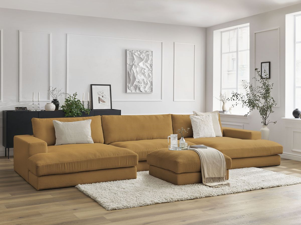 Canapé panoramique compact LEONARD velours côtelé avec pouf jaune