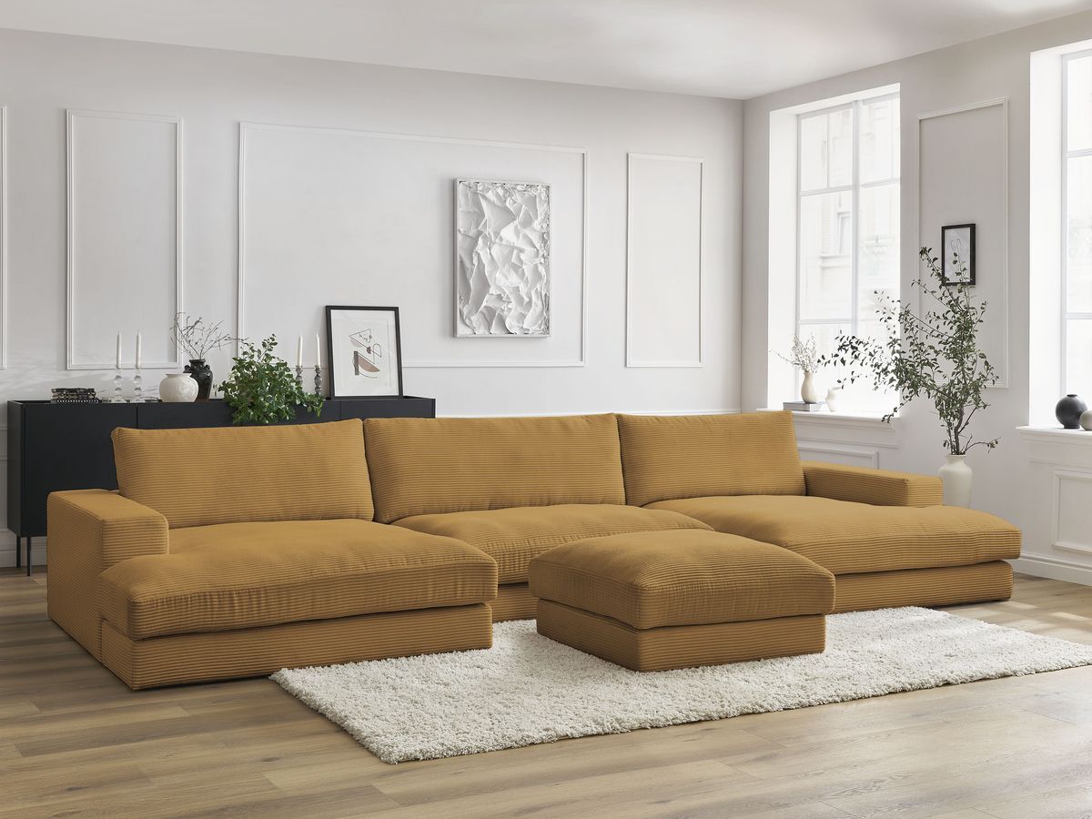 Canapé panoramique compact LEONARD velours côtelé avec pouf jaune — vue 5