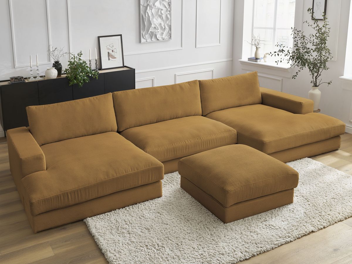 Canapé panoramique fixe compact LEONARD velours côtelé avec pouf