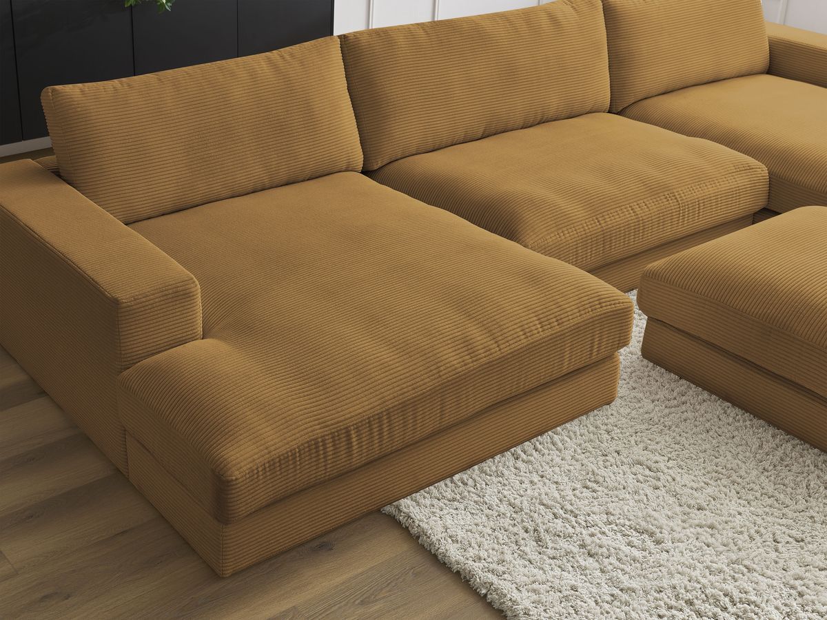 Canapé panoramique fixe compact LEONARD velours côtelé avec pouf