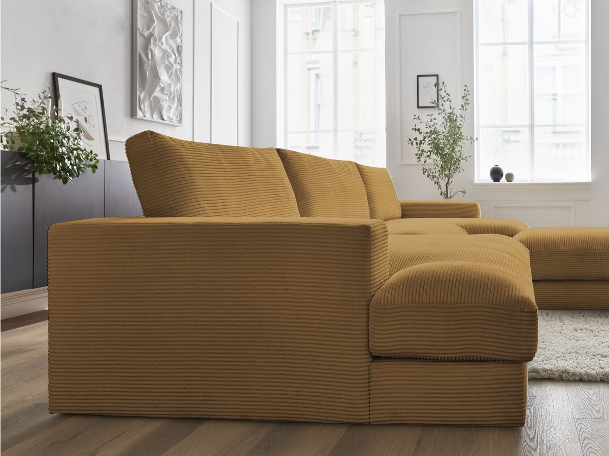 Canapé panoramique fixe compact LEONARD velours côtelé avec pouf