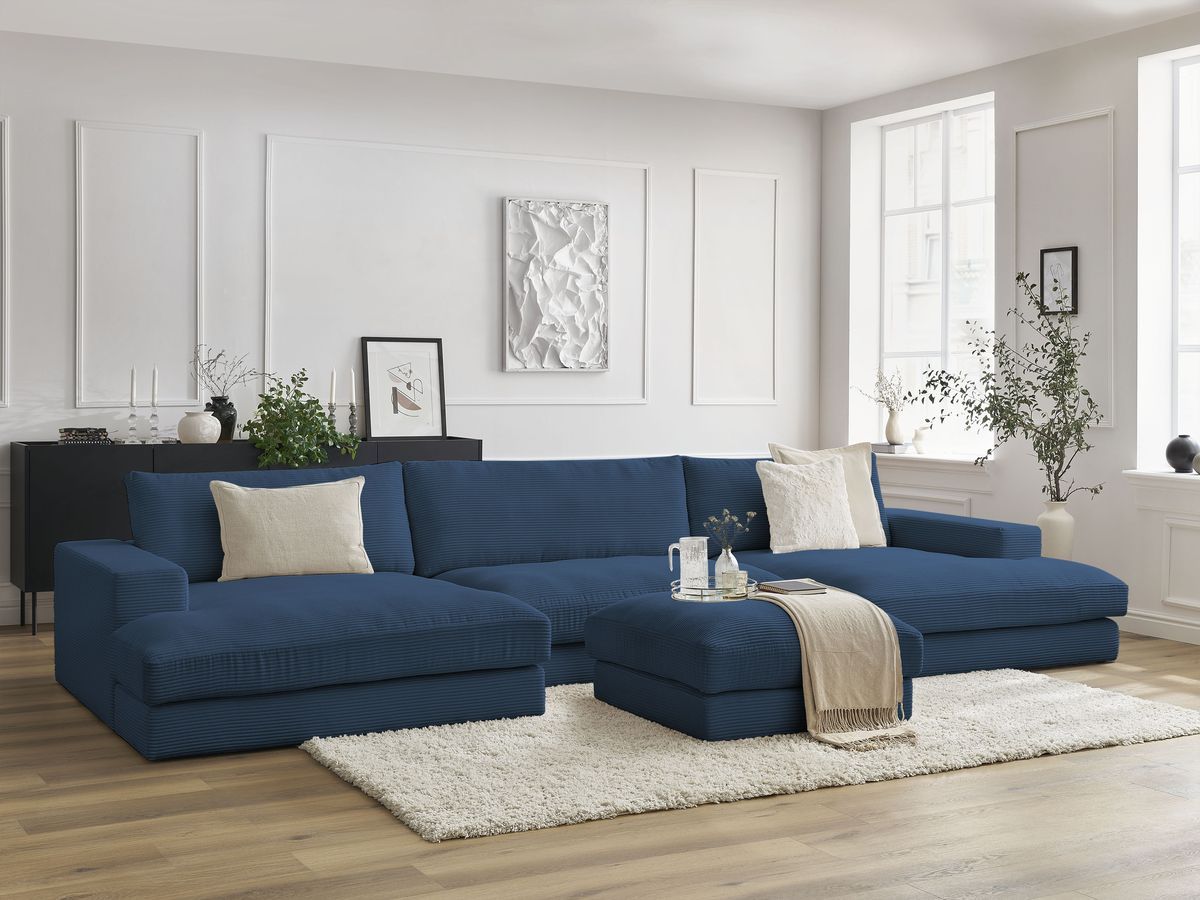 Canapé panoramique fixe compact LEONARD velours côtelé avec pouf