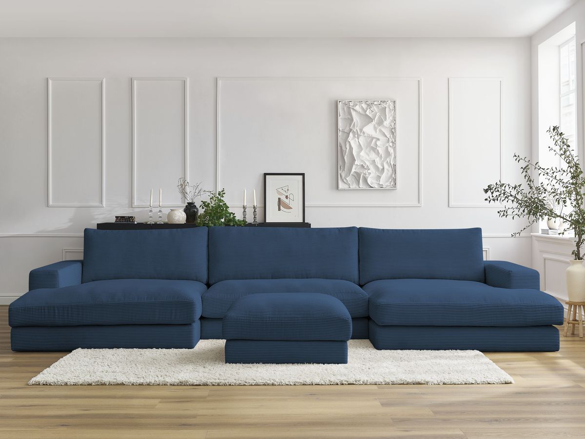 Canapé panoramique compact LEONARD velours côtelé avec pouf bleu foncé — vue 4