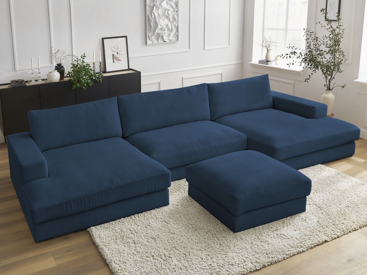 Canapé panoramique fixe compact LEONARD velours côtelé avec pouf