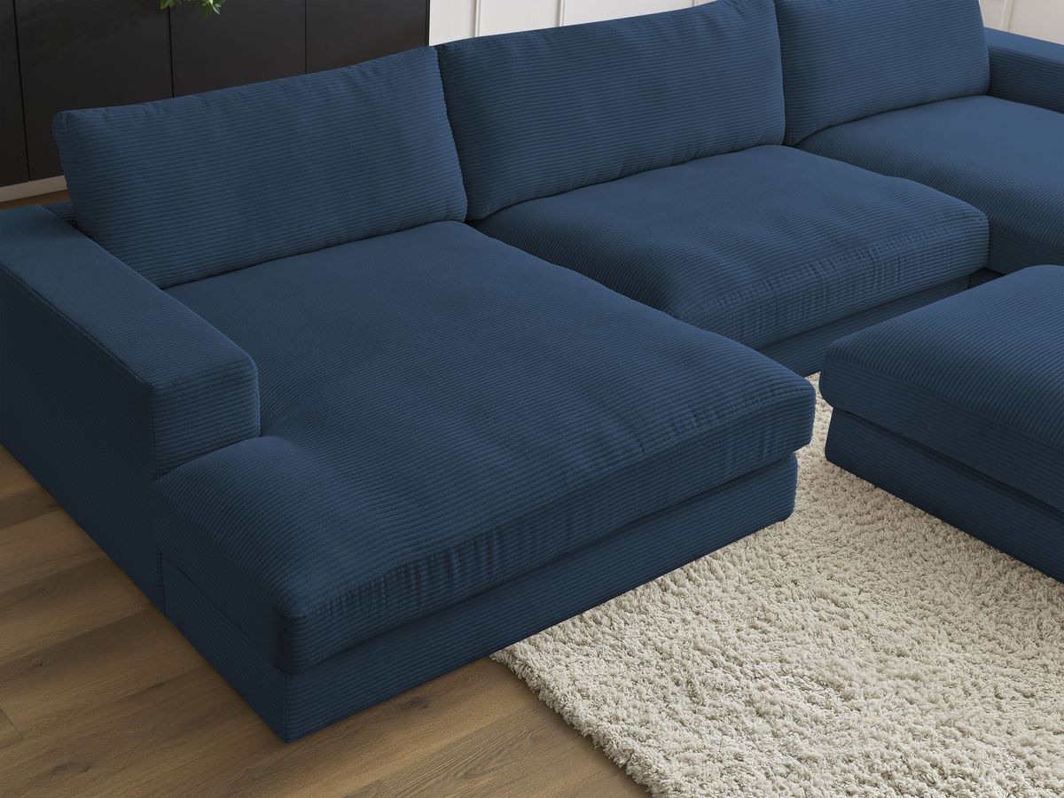 Canapé panoramique fixe compact LEONARD velours côtelé avec pouf