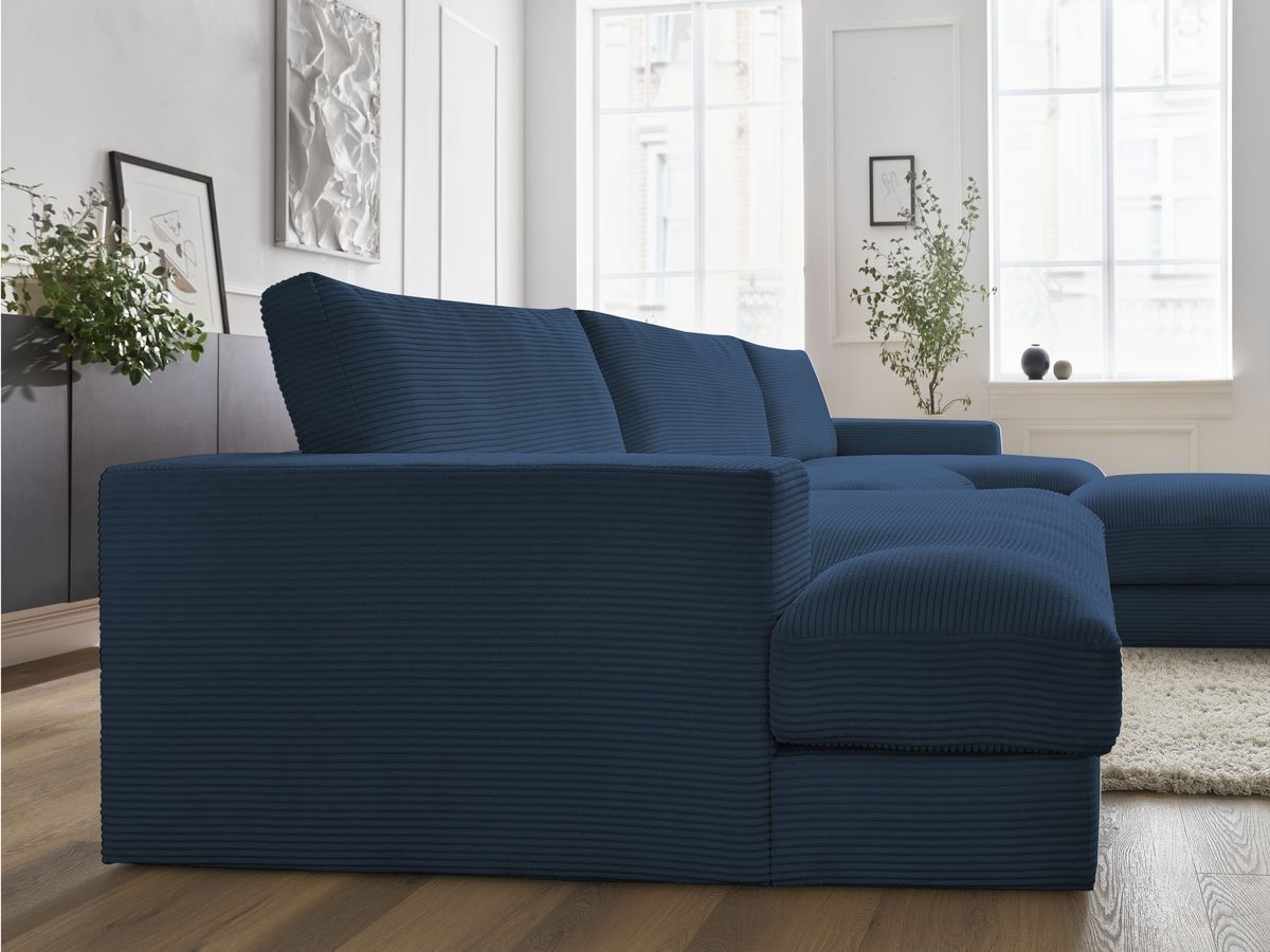 Canapé panoramique fixe compact LEONARD velours côtelé avec pouf
