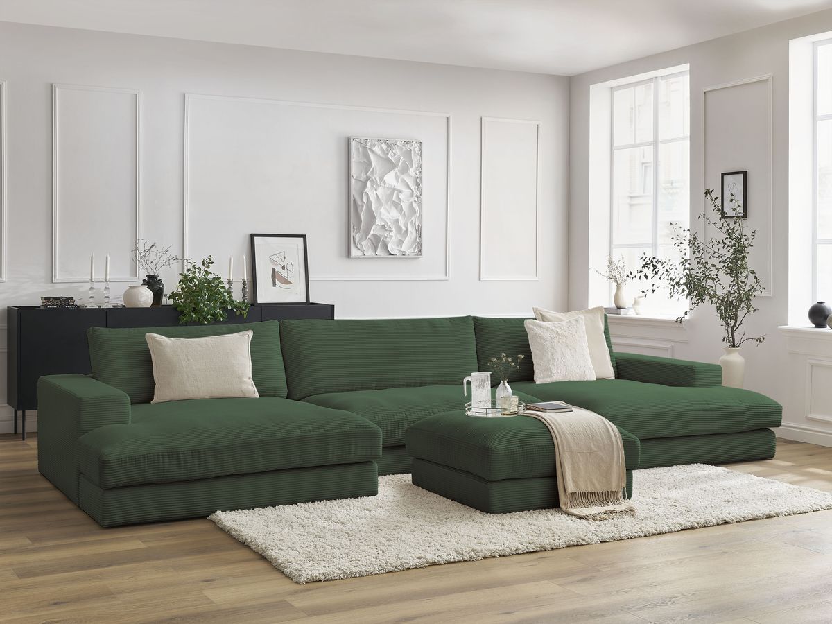 Canapé panoramique fixe compact LEONARD velours côtelé avec pouf
