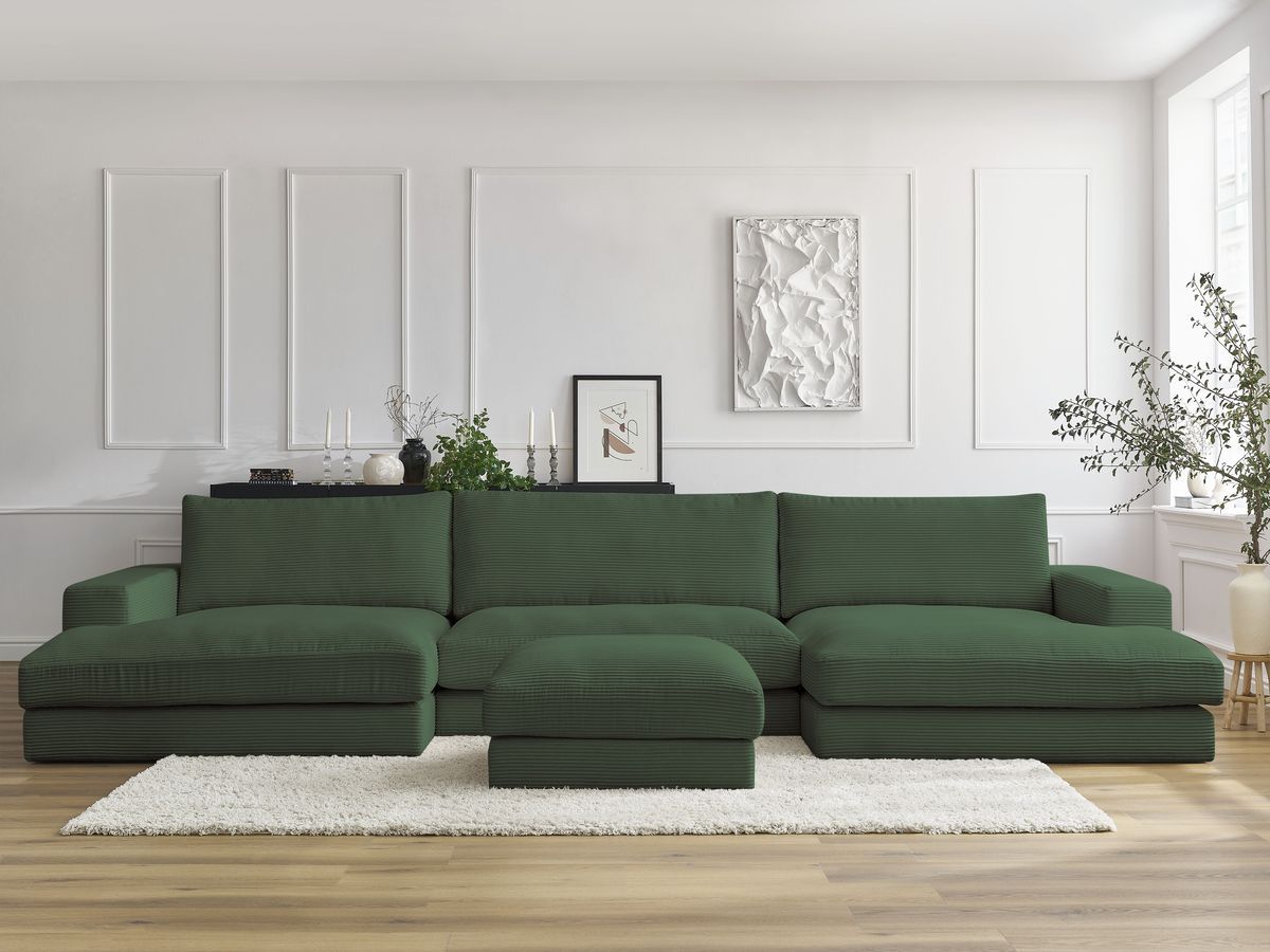 Canapé panoramique compact LEONARD velours côtelé avec pouf vert foncé — vue 4
