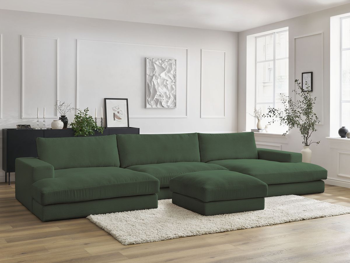 Canapé panoramique compact LEONARD velours côtelé avec pouf vert foncé — vue 5