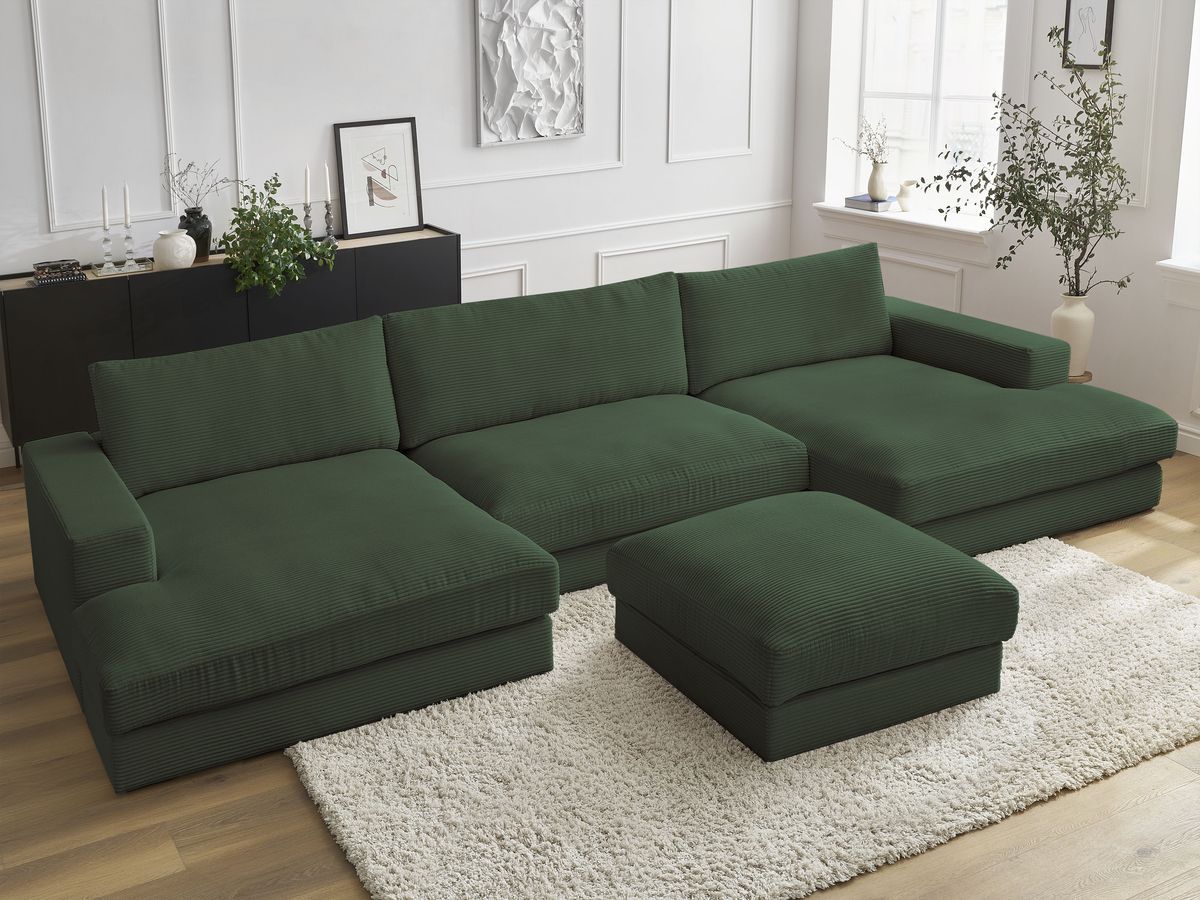 Canapé panoramique fixe compact LEONARD velours côtelé avec pouf