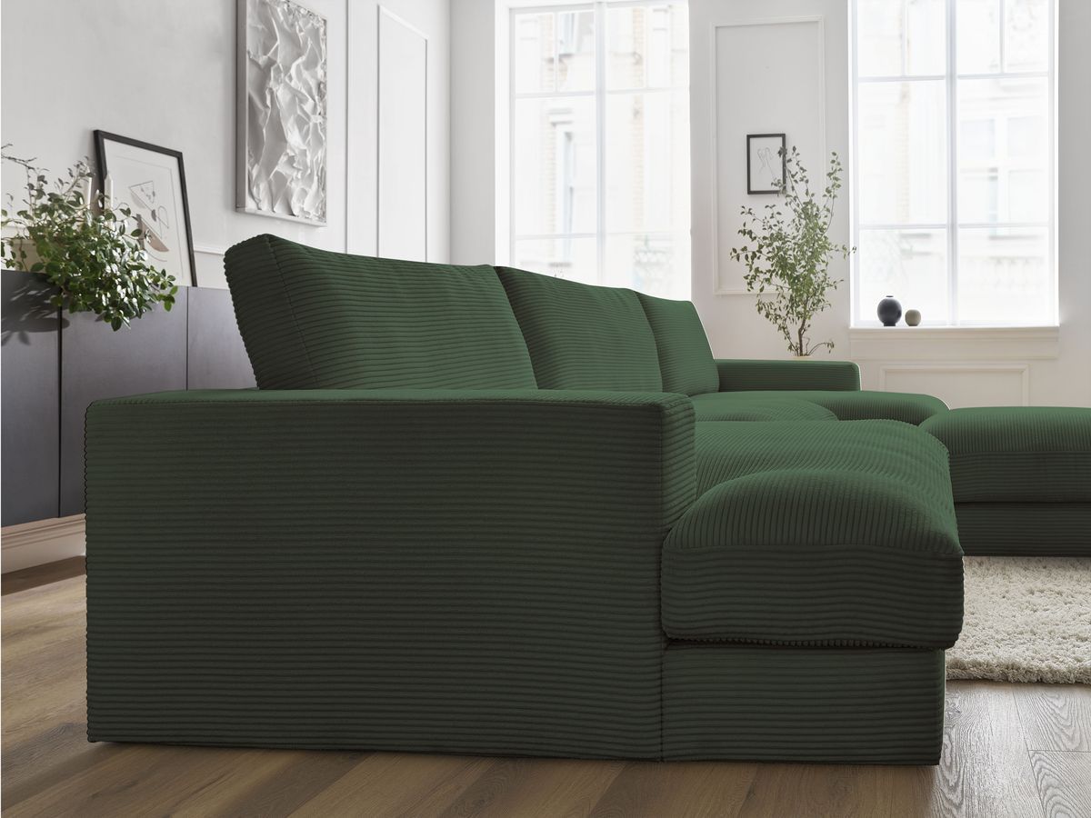 Canapé panoramique fixe compact LEONARD velours côtelé avec pouf