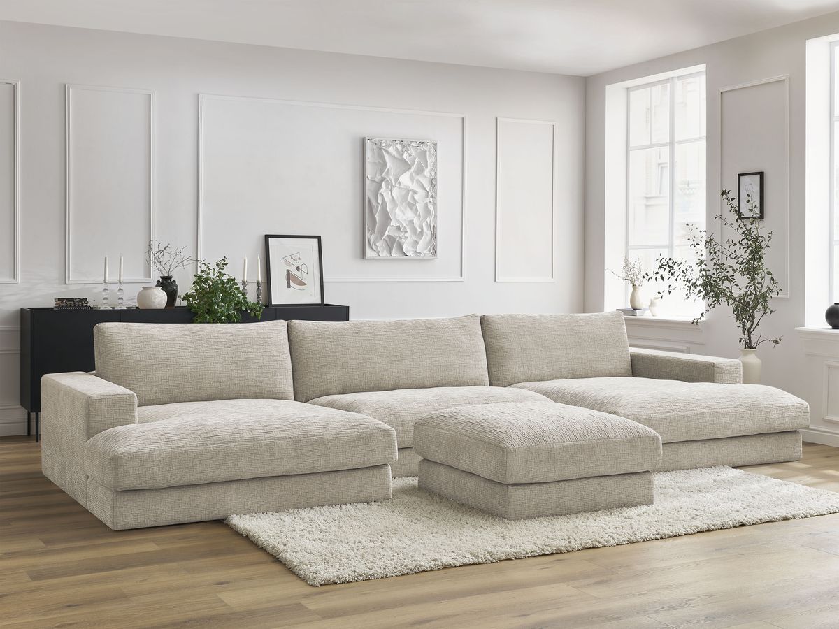 Canapé panoramique compact LEONARD texturé avec pouf beige — vue 5