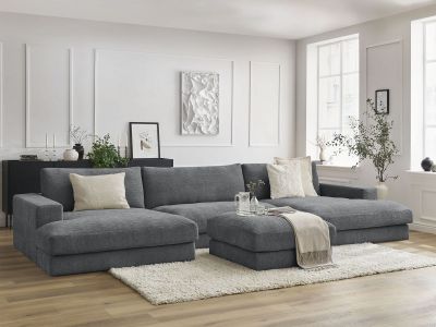Canapé panoramique fixe compact LEONARD tissu texturé avec pouf