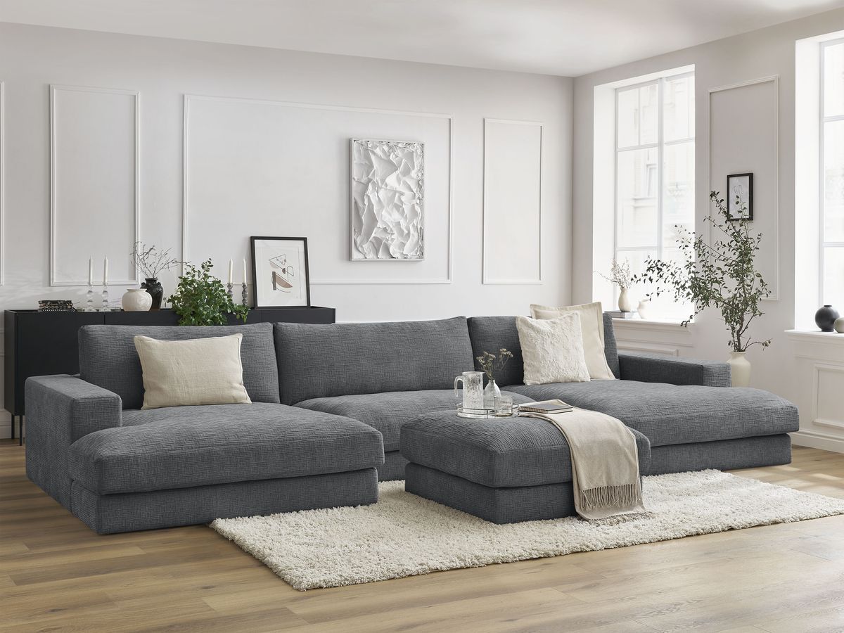 Canapé panoramique compact LEONARD texturé avec pouf gris foncé