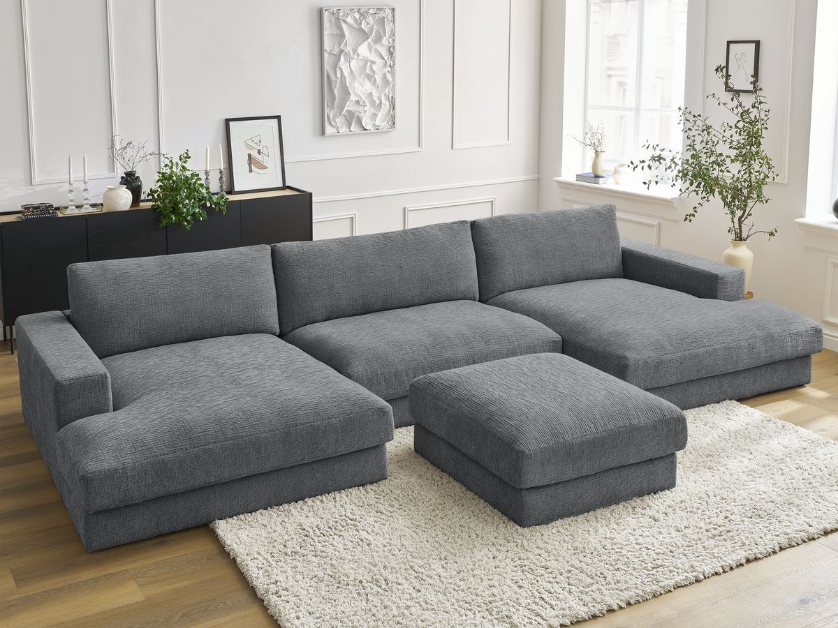 Canapé panoramique compact LEONARD texturé avec pouf gris foncé — vue 6