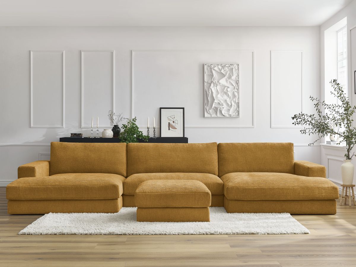 Canapé panoramique compact LEONARD texturé avec pouf jaune — vue 4