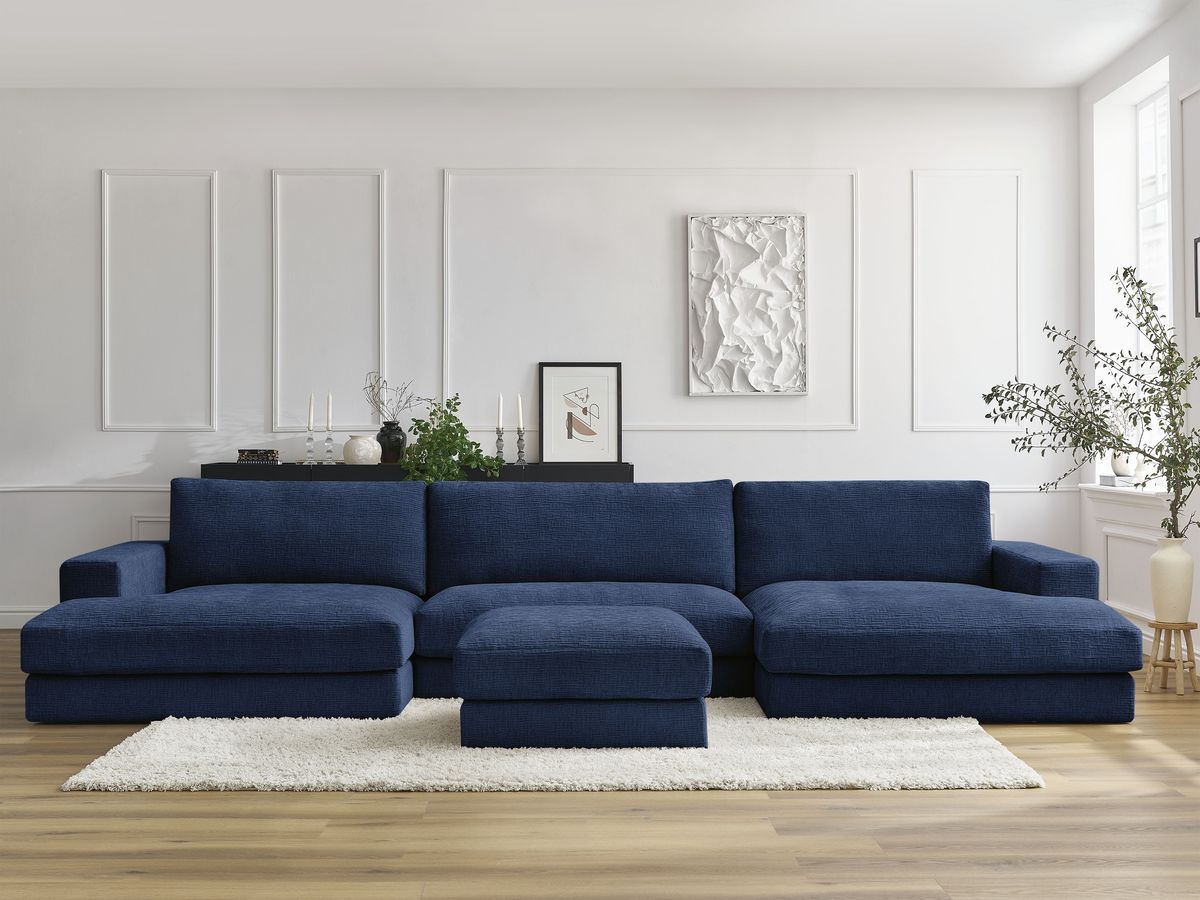 Canapé panoramique compact LEONARD texturé avec pouf bleu foncé — vue 4