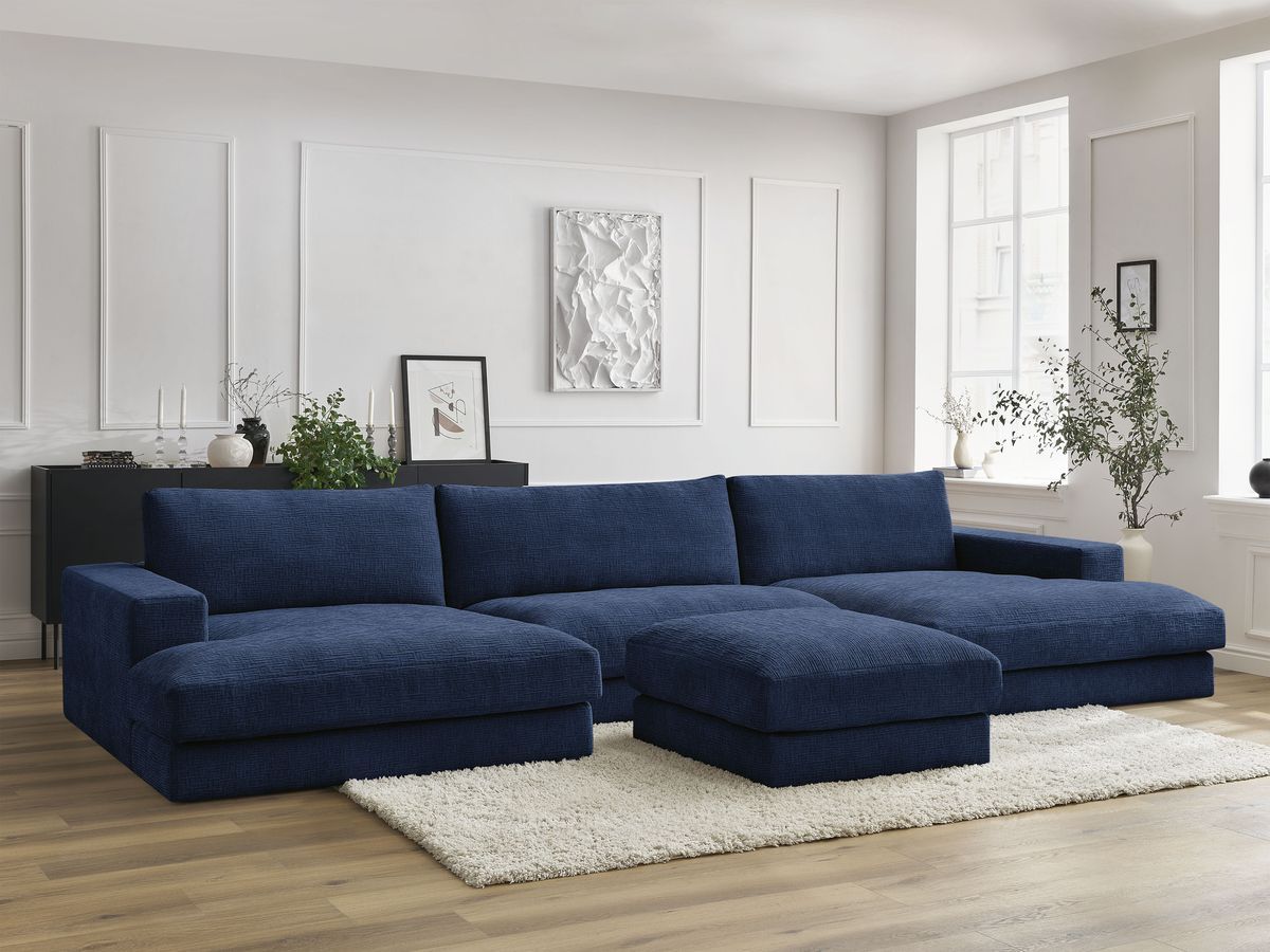 Canapé panoramique compact LEONARD texturé avec pouf bleu foncé — vue 5