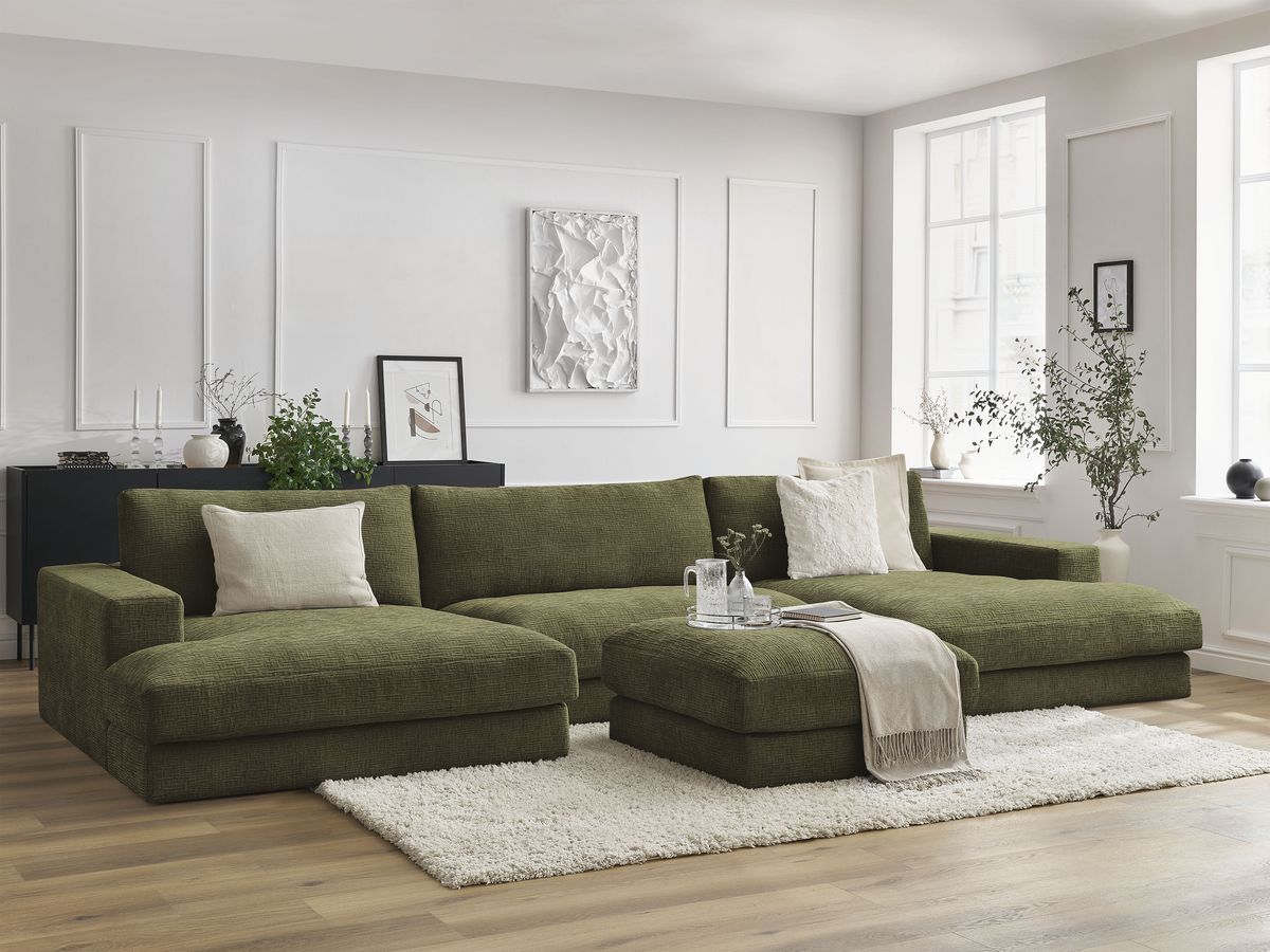 Canapé panoramique compact LEONARD texturé avec pouf vert