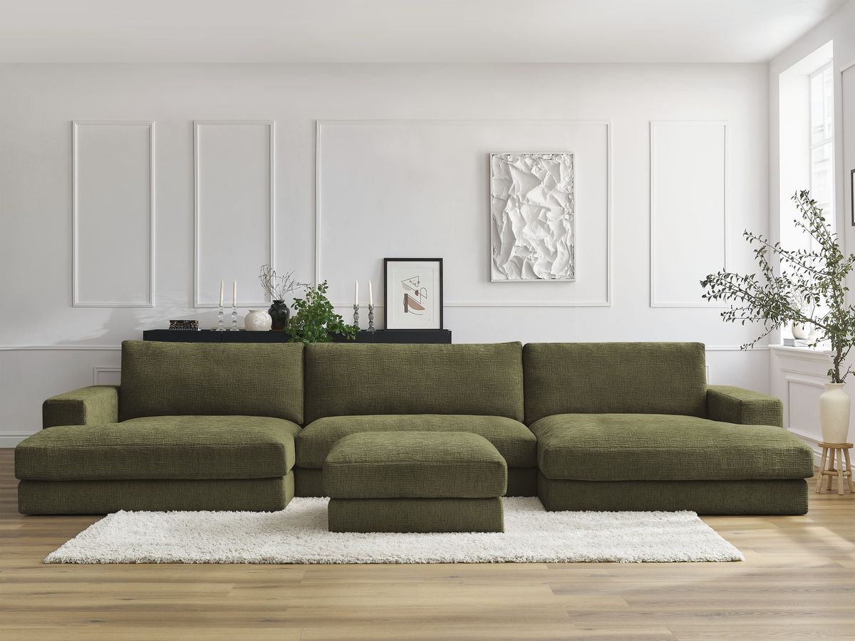 Canapé panoramique compact LEONARD texturé avec pouf vert — vue 4