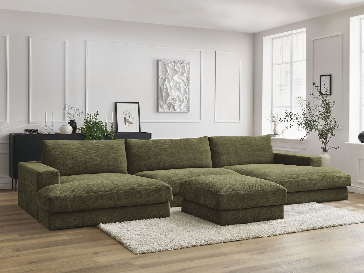 Canapé panoramique compact LEONARD texturé avec pouf vert — vue 5