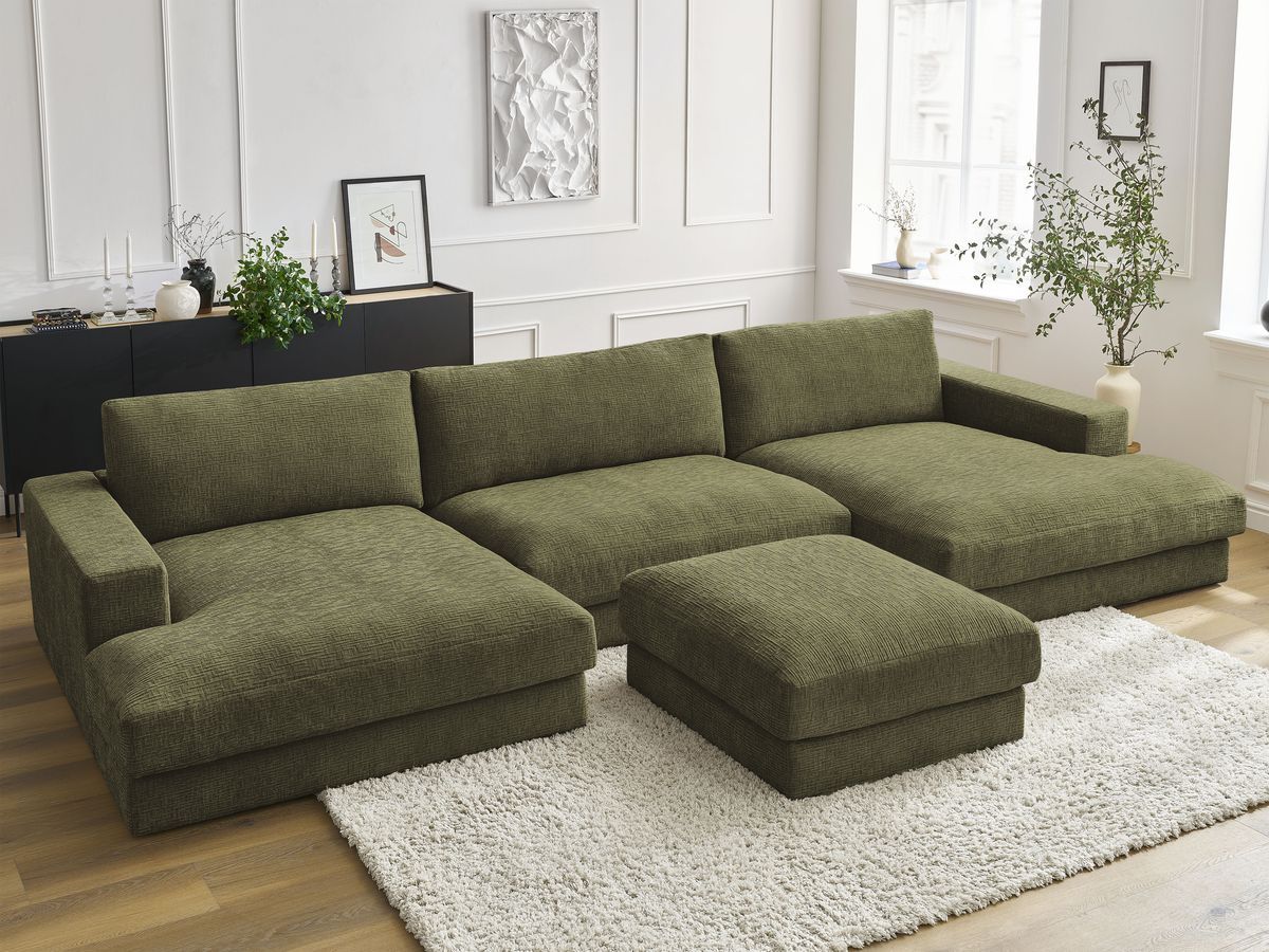 Canapé panoramique compact LEONARD texturé avec pouf vert — vue 6