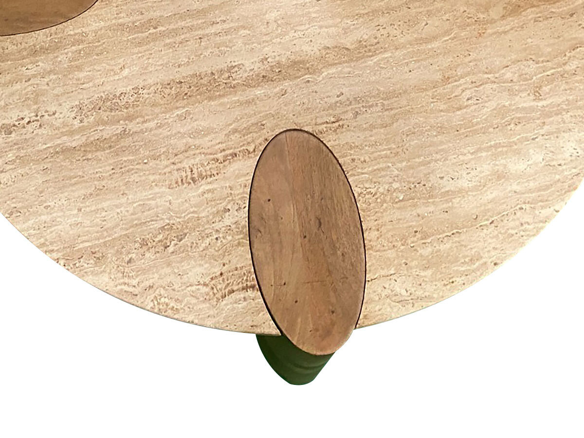 Table basse ronde D.90 cm CERSEÏ plateau travertin et pieds bois massif de manguier clair — vue 6