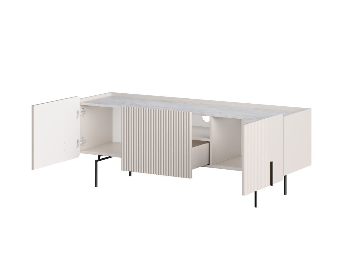 Meuble TV 3 portes 150 cm MATHILDE plateau effet marbre et pieds noirs beige — vue 6